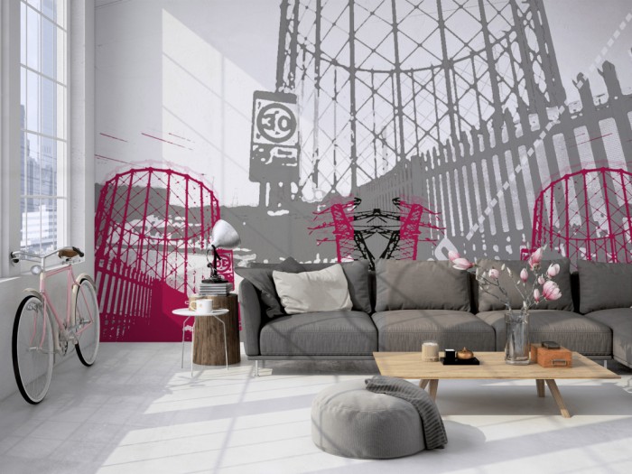 Die Designer-Fototapete Industrie, Artwork by Mylumi auf einer großen Wand im Loft tapeziert. Die Designer-Fototapete Industrie, Artwork by Mylumi wird individuell auf Deine Wand angepasst.
