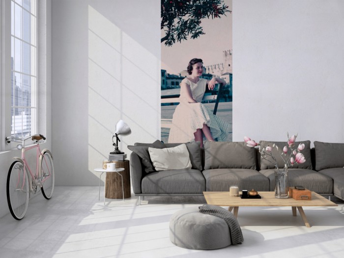 Das 3D-Fotopanel Dame in den 20er Jahren, Vintage tapeziert in einem Loft. Bestelle die Bildtapete für Deine Wand online.