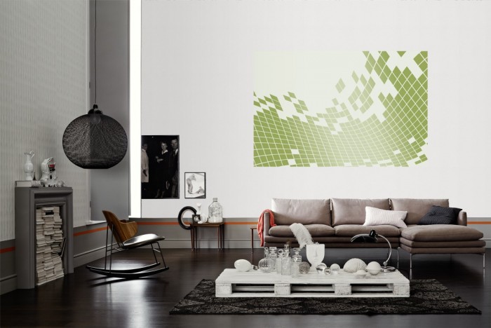 Die Design-Fototapete 3D-Geometrie in grün-weiß als Wandbild im Wohnzimmer. Die Vlies-Design-Fototapete 3D-Geometrie in grün-weiß verschönert als Wandbild Deine Wand.