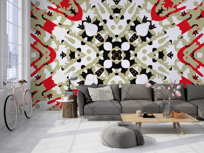 Die Designer-Fototapete Kaleidoskop Camouflage, Artwork by Mylumi auf einer großen Wand im Loft tapeziert. Die Designer-Fototapete Kaleidoskop Camouflage, Artwork by Mylumi wird individuell auf Deine Wand angepasst.