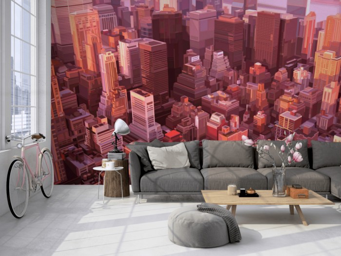 Die Fototapete New York von oben, Grafik-Design auf einer großen Wand im Loft tapeziert. Die Fototapete New York von oben, Grafik-Design wird individuell auf Deine Wand angepasst.