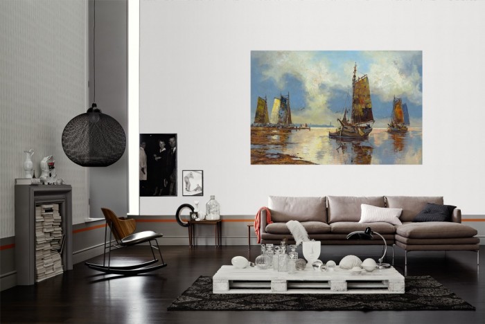 Die Fototapete Kunst, Ölgemälde Schiffe im Meer als Wandbild im Wohnzimmer. Die Vlies-Fototapete Kunst, Ölgemälde Schiffe im Meer verschönert als Wandbild Deine Wand.