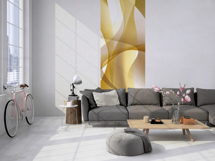 Das 3D-Design-Fotopanel Plastische Formen Gold, Artwork tapeziert in einem Loft. Bestelle die Bildtapete für Deine Wand online.