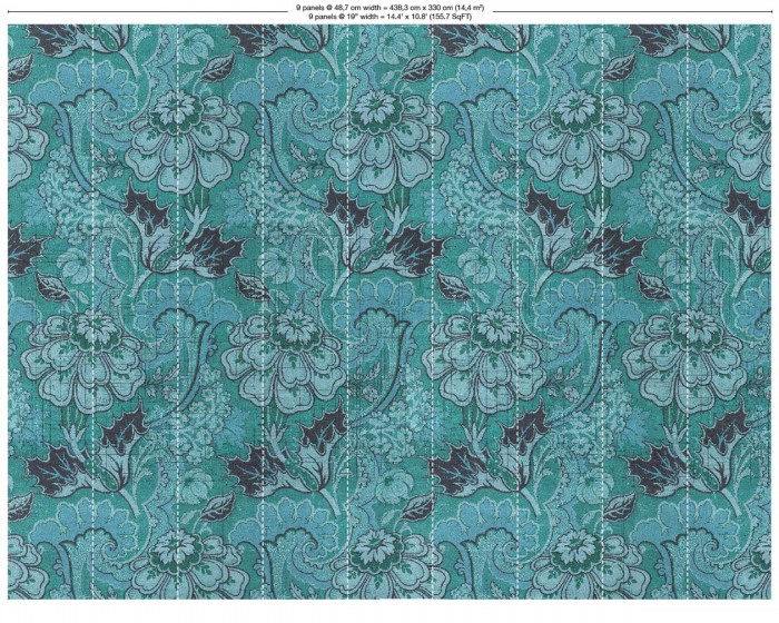 Abmessungen der NLXL Tapete MRV-03 Big Pattern Paola von Mr & Mrs Vintage, in der Variante mit 9 Bahnen.