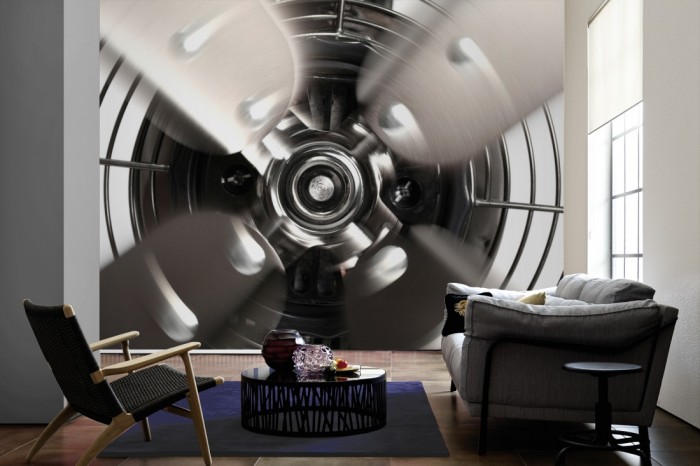 Im Wohnzimmer die Fototapete Ventilator auf einer großen Wand tapeziert. Die Fototapete Ventilator ist als Vlies-Fototapete im Wohnzimmer leicht zu tapezieren.