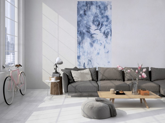 Das Design-Fotopanel Unter den Palmen Blau tapeziert in einem Loft. Bestelle die Bildtapete für Deine Wand online.