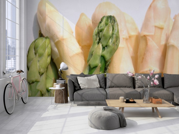 Die Fototapete Spargel auf einer großen Wand im Loft tapeziert. Die Fototapete Spargel wird individuell auf Deine Wand angepasst.