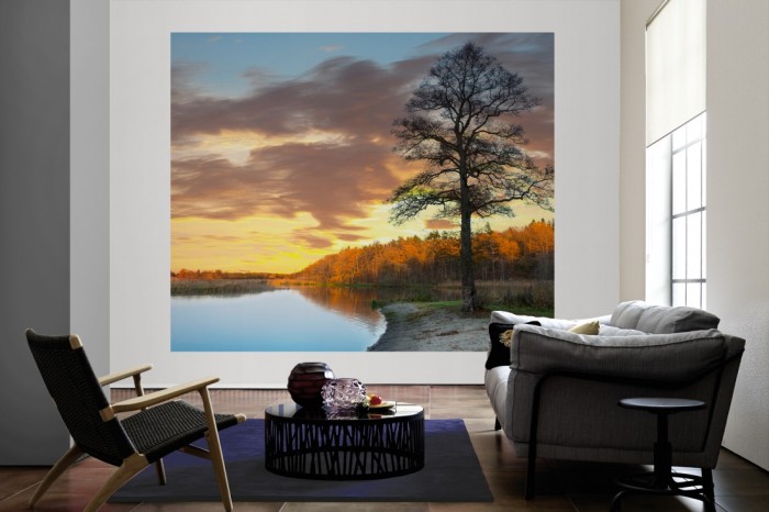 Die Fototapete Sonnenuntergang am Waldsee, Schweden als große Bildtapete im Wohnzimmer. Als Bildtapete ist die Fototapete Sonnenuntergang am Waldsee, Schweden ein besonderes Highlight auf Vliestapete.