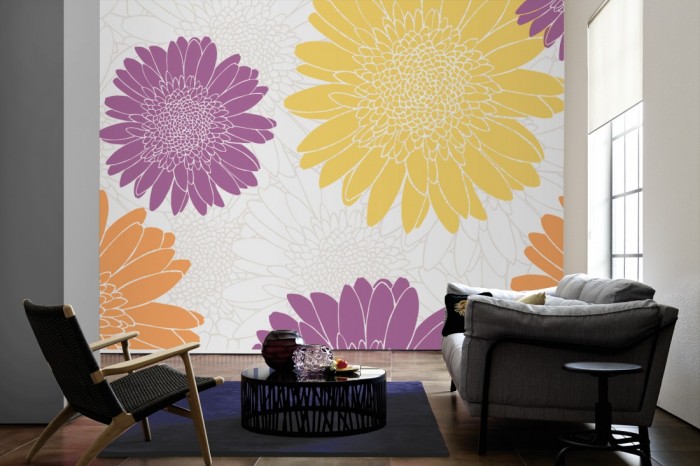 Im Wohnzimmer die Design-Fototapete Blütenmeer, Artwork auf einer großen Wand tapeziert. Die Design-Fototapete Blütenmeer, Artwork ist als Vlies-Fototapete im Wohnzimmer leicht zu tapezieren.