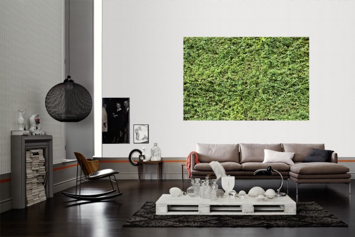 Die Fototapete Gartenhecke mit Blättern als Wandbild im Wohnzimmer. Die Vlies-Fototapete Gartenhecke mit Blättern verschönert als Wandbild Deine Wand.