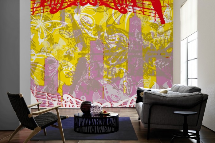 Im Wohnzimmer die Designer-Fototapete Pepsi Cola, Artwork by Mylumi auf einer großen Wand tapeziert. Die Designer-Fototapete Pepsi Cola, Artwork by Mylumi ist als Vlies-Fototapete im Wohnzimmer leicht zu tapezieren.