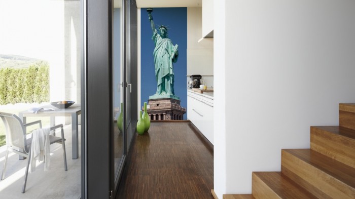 Ein Foto von dem 3D-Fotopanel Freiheitsstatue, New York USA tapeziert in der Küche. Bestelle Deine Bildtapete online.