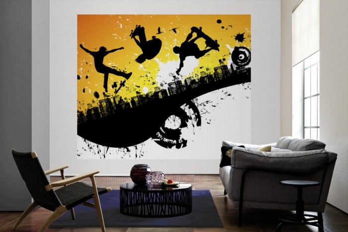 Die Design-Fototapete Skater, Artwork für Kinder als große Bildtapete im Wohnzimmer. Als Bildtapete ist die Design-Fototapete Skater, Artwork für Kinder ein besonderes Highlight auf Vliestapete.