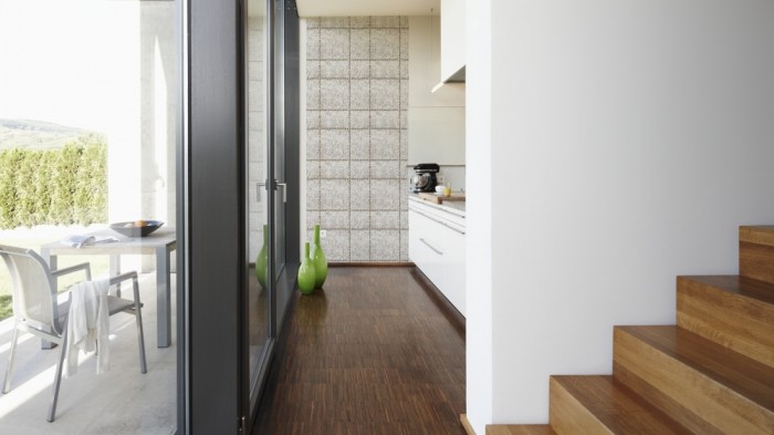 Ein Foto von dem Design-Fotopanel Vintage Struktur Grau-Beige tapeziert in der Küche. Bestelle Deine Bildtapete online.