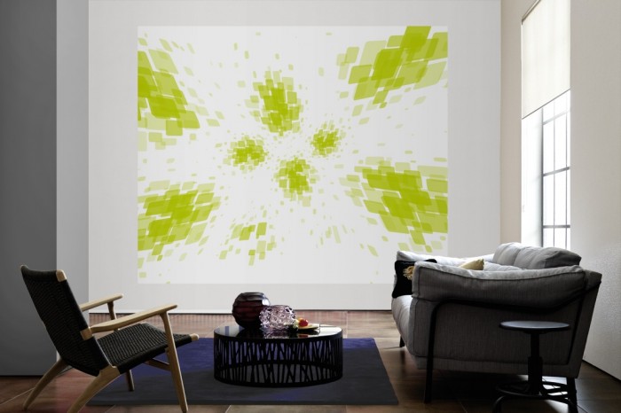 Die Design-Fototapete 3D-Geometrie grüne Rechtecke als große Bildtapete im Wohnzimmer. Als Bildtapete ist die Design-Fototapete 3D-Geometrie grüne Rechtecke ein besonderes Highlight auf Vliestapete.