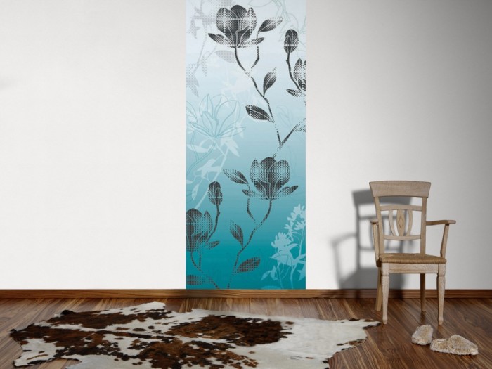 Ein Foto von dem Design-Fotopanel Blüten in Türkis, Artwork tapeziert an der Wand. Bestelle Deine Bildtapete online.