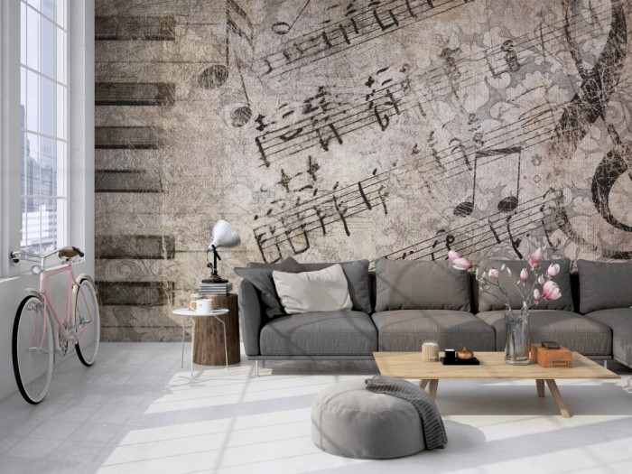 Die Design-Fototapete Musik Vintage, Artwork auf einer großen Wand im Loft tapeziert. Die Design-Fototapete Musik Vintage, Artwork wird individuell auf Deine Wand angepasst.