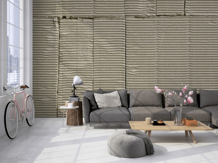 Die Fototapete Karton, Wand aus Wellpappe auf einer großen Wand im Loft tapeziert. Die Fototapete Karton, Wand aus Wellpappe wird individuell auf Deine Wand angepasst.