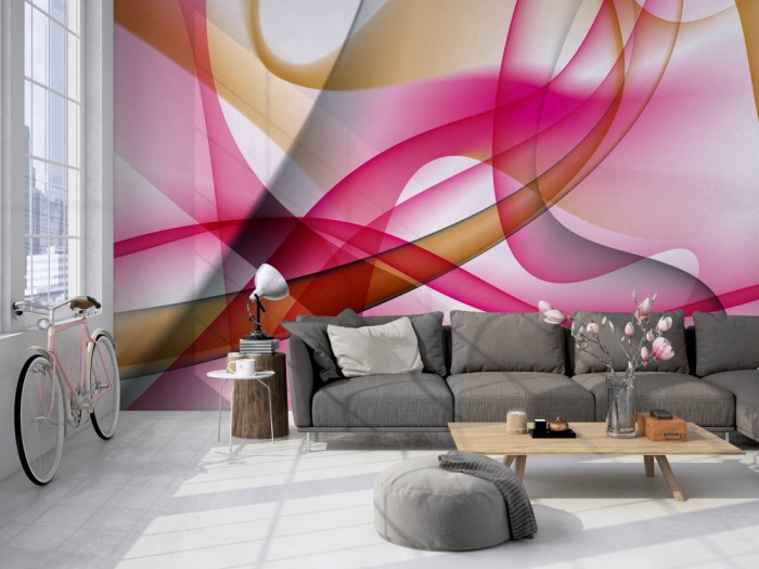 Die Design-Fototapete 3D-Geometrie Abstrakt in Pink auf einer großen Wand im Loft tapeziert. Die Design-Fototapete 3D-Geometrie Abstrakt in Pink wird individuell auf Deine Wand angepasst.