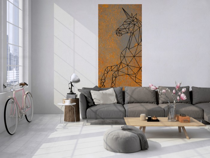 Das Design-Fotopanel Einhorn Design auf Rost, Körper tapeziert in einem Loft. Bestelle die Bildtapete für Deine Wand online.