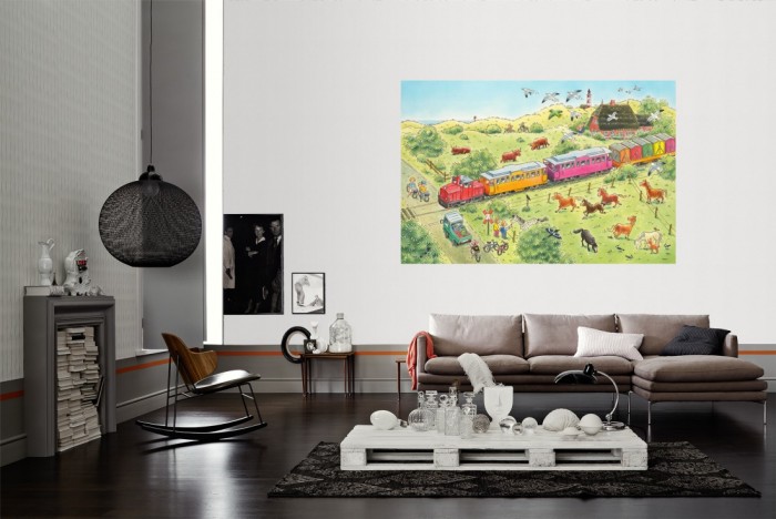 Die Fototapete Landschaft mit Tieren, Wimmelbild für Kinder als Wandbild im Wohnzimmer. Die Vlies-Fototapete Landschaft mit Tieren, Wimmelbild für Kinder verschönert als Wandbild Deine Wand.