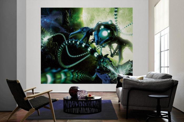 Die Fototapete Roboter im Weltraum, Science Fiction als große Bildtapete im Wohnzimmer. Als Bildtapete ist die Fototapete Roboter im Weltraum, Science Fiction ein besonderes Highlight auf Vliestapete.