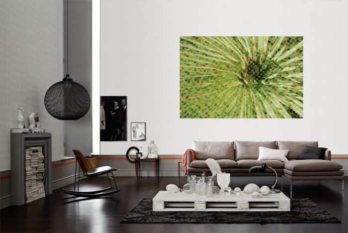 Die Design-Fototapete 3D-Geometrie Blumen Blüte als Wandbild im Wohnzimmer. Die Vlies-Design-Fototapete 3D-Geometrie Blumen Blüte verschönert als Wandbild Deine Wand.