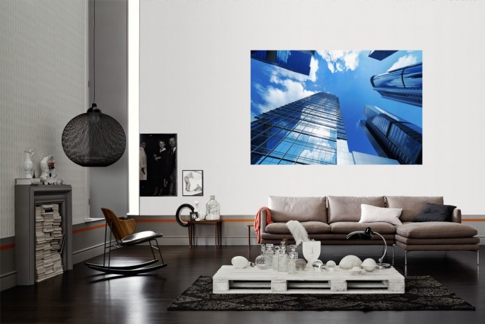 Die Fototapete Wolkenkratzer in Downtown als Wandbild im Wohnzimmer. Die Vlies-Fototapete Wolkenkratzer in Downtown verschönert als Wandbild Deine Wand.