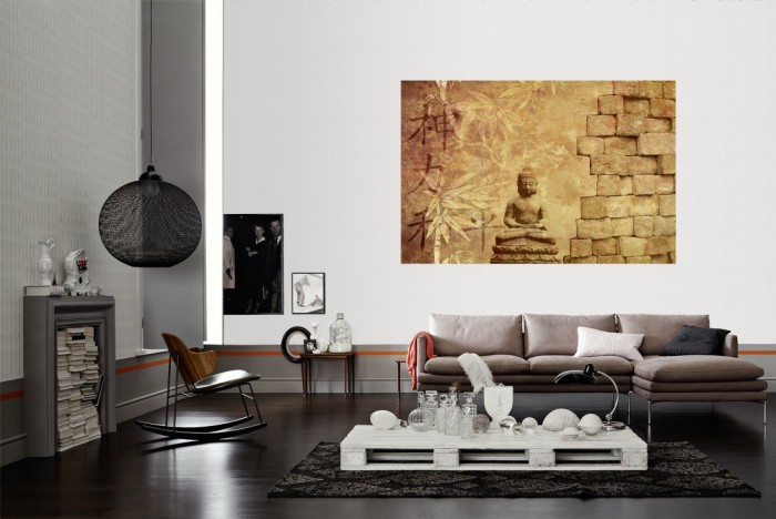 Die Design-Fototapete Stein Wand mit Buddha, Artwork als Wandbild im Wohnzimmer. Die Vlies-Design-Fototapete Stein Wand mit Buddha, Artwork verschönert als Wandbild Deine Wand.