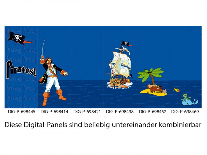 Die Design-Wandbild Kindertapete Piraten auf See, Piratenwelt einfach online bestellen. Das gesamte Wandbild Piraten auf See besteht aus sechs unterschiedlichen Design-Fotopanels.