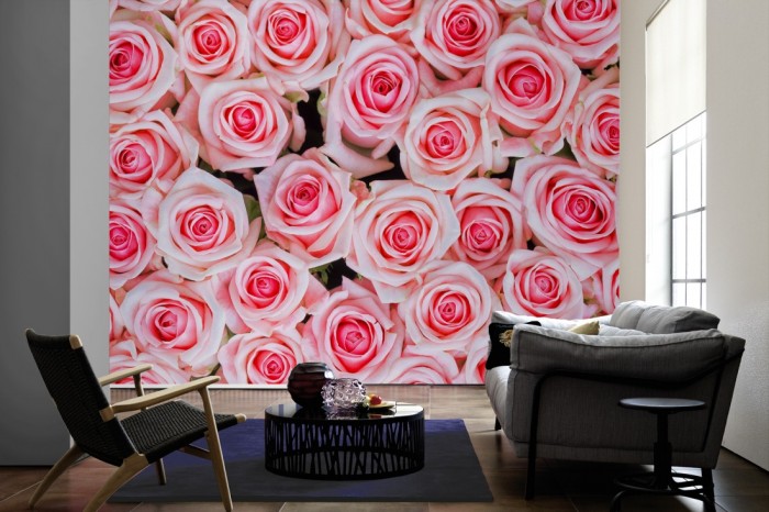 Im Wohnzimmer die Fototapete Rosen in rosa, Blütenmeer auf einer großen Wand tapeziert. Die Fototapete Rosen in rosa, Blütenmeer ist als Vlies-Fototapete im Wohnzimmer leicht zu tapezieren.