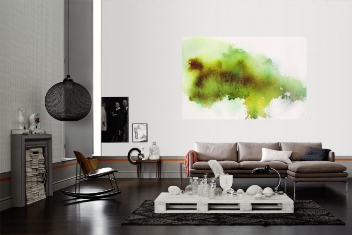 Die Design-Fototapete Verlauf der Wasserfarbe in Grün-Gelb als Wandbild im Wohnzimmer. Die Vlies-Design-Fototapete Verlauf der Wasserfarbe in Grün-Gelb verschönert als Wandbild Deine Wand.