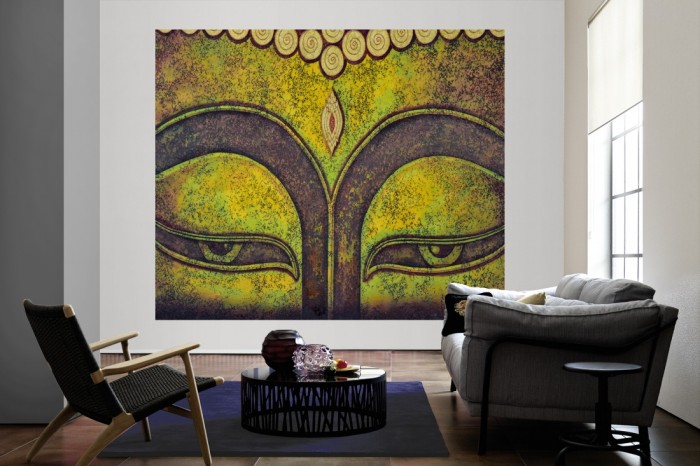 Die Design-Fototapete Buddha Gesicht, Artwork als große Bildtapete im Wohnzimmer. Als Bildtapete ist die Design-Fototapete Buddha Gesicht, Artwork ein besonderes Highlight auf Vliestapete.