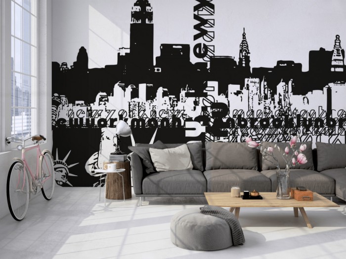 Die Design-Fototapete New York USA, Artwork auf einer großen Wand im Loft tapeziert. Die Design-Fototapete New York USA, Artwork wird individuell auf Deine Wand angepasst.