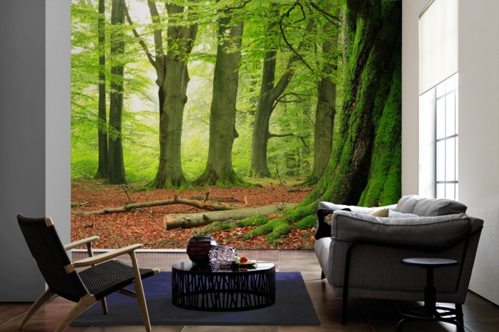 Im Wohnzimmer die Fototapete Grüner Wand mit Laub auf einer großen Wand tapeziert. Die Fototapete Grüner Wand mit Laub ist als Vlies-Fototapete im Wohnzimmer leicht zu tapezieren.