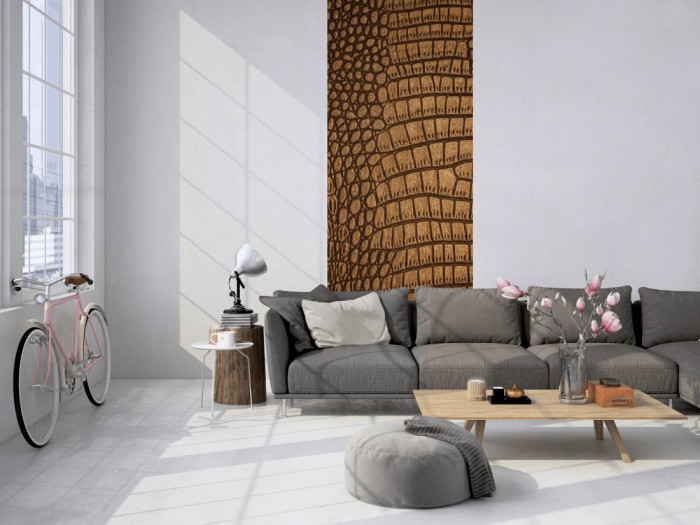 Das 3D-Fotopanel Leder vom Krokodil im Detail tapeziert in einem Loft. Bestelle die Bildtapete für Deine Wand online.