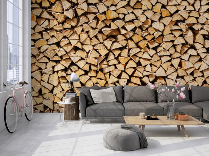 Die Fototapete Holz Wand, Kaminholz auf einer großen Wand im Loft tapeziert. Die Fototapete Holz Wand, Kaminholz wird individuell auf Deine Wand angepasst.