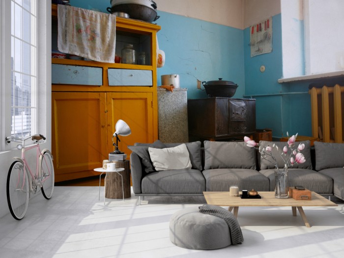 Die Fototapete Küche der 50er Jahre auf einer großen Wand im Loft tapeziert. Die Fototapete Küche der 50er Jahre wird individuell auf Deine Wand angepasst.