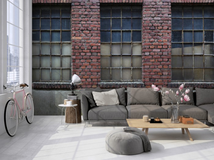 Die Fototapete Ziegel Wand, verlassene Fabrik auf einer großen Wand im Loft tapeziert. Die Fototapete Ziegel Wand, verlassene Fabrik wird individuell auf Deine Wand angepasst.