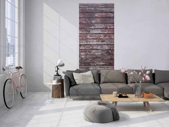 Das 3D Fotopanel Alte Holzbretter tapeziert in einem Loft. Bestelle die Bildtapete für Deine Wand online.