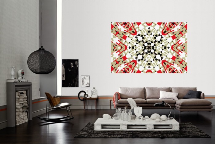 Die Designer-Fototapete Kaleidoskop Camouflage, Artwork by Mylumi als Wandbild im Wohnzimmer. Die Vlies-Designer-Fototapete Kaleidoskop Camouflage, Artwork by Mylumi verschönert als Wandbild Deine Wand.