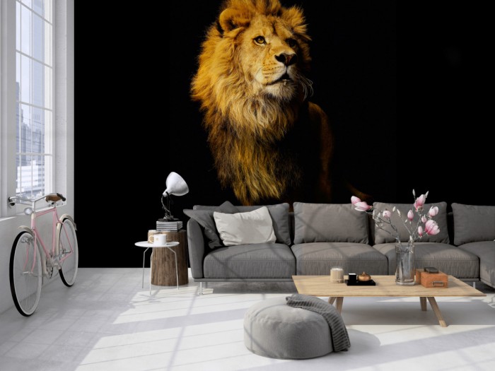 Die Fototapete Löwe, Fotografie by Mark Laita auf einer großen Wand im Loft tapeziert. Die Fototapete Löwe, Fotografie by Mark Laita wird individuell auf Deine Wand angepasst.