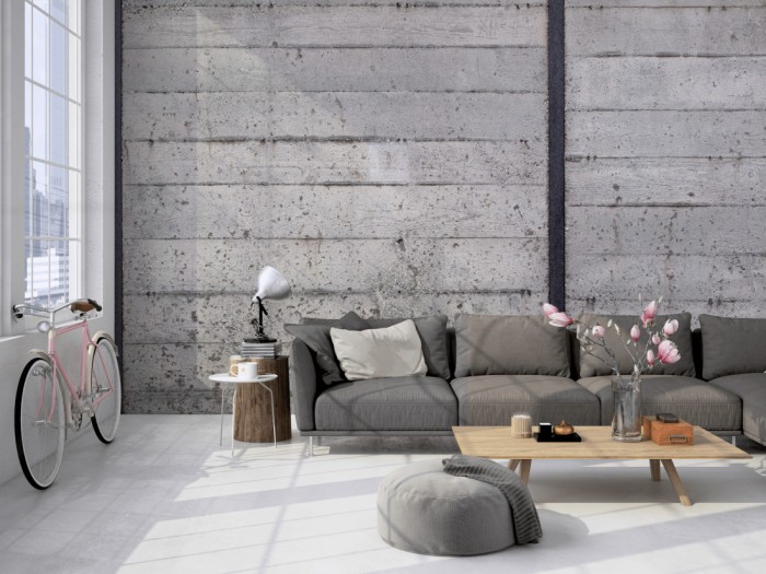 Die Fototapete Beton Wand, Betonplanken auf einer großen Wand im Loft tapeziert. Die Fototapete Beton Wand, Betonplanken wird individuell auf Deine Wand angepasst.