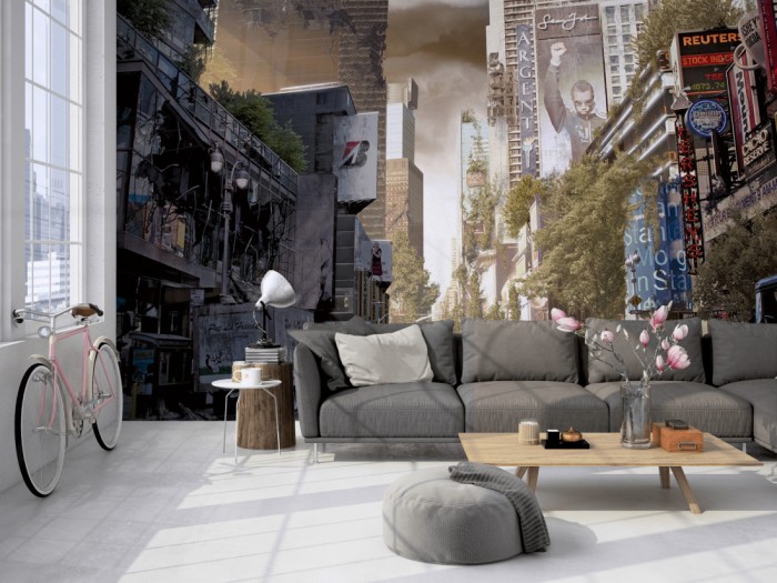 Die Fototapete Verlassene Stadt, Lost Places auf einer großen Wand im Loft tapeziert. Die Fototapete Verlassene Stadt, Lost Places wird individuell auf Deine Wand angepasst.