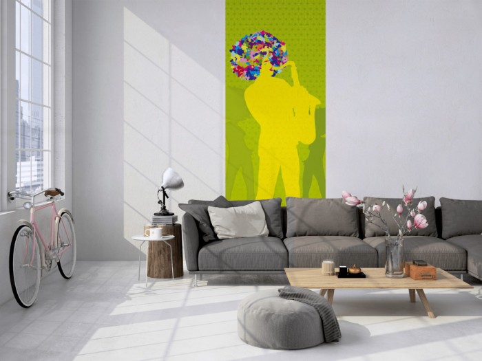 Das Design-Fotopanel Party der 70er Grün, Artwork tapeziert in einem Loft. Bestelle die Bildtapete für Deine Wand online.