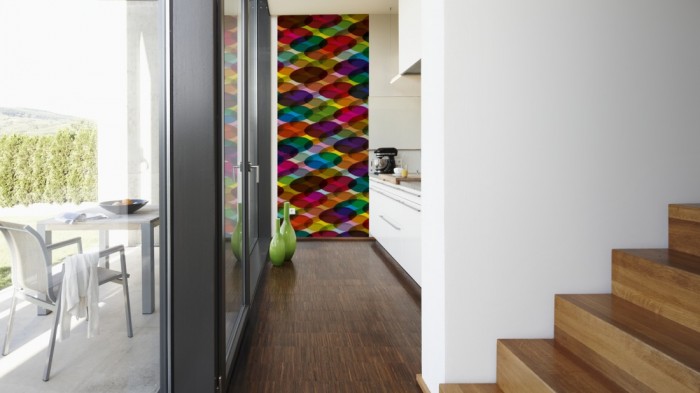 Ein Foto von dem 3D-Design-Fotopanel Bunte Kreise, Artwork tapeziert in der Küche. Bestelle Deine Bildtapete online.