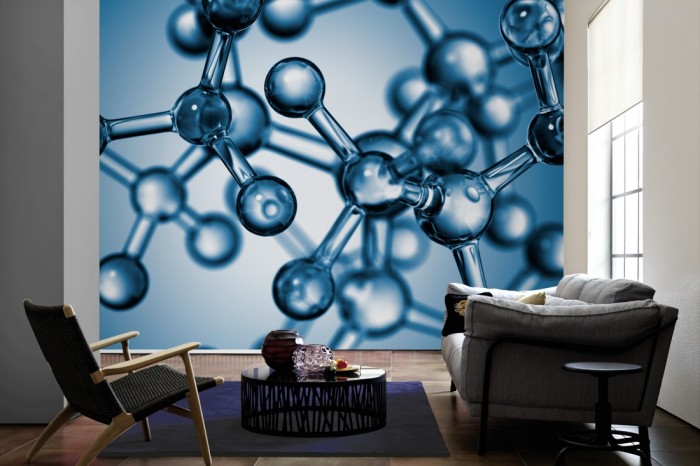 Im Wohnzimmer die Fototapete Struktur der Moleküle auf einer großen Wand tapeziert. Die Fototapete Struktur der Moleküle ist als Vlies-Fototapete im Wohnzimmer leicht zu tapezieren.