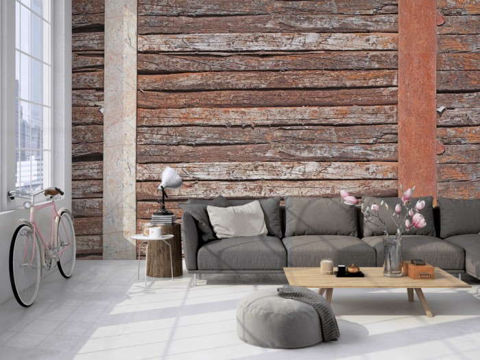 Die Fototapete Holz Wand, Holzmauer mit Patina auf einer großen Wand im Loft tapeziert. Die Fototapete Holz Wand, Holzmauer mit Patina wird individuell auf Deine Wand angepasst.