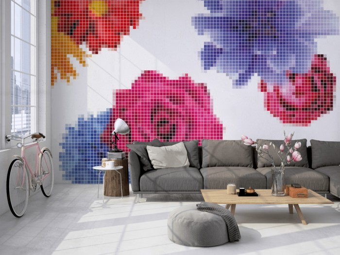 Die Design-Fototapete Geometrie Blumen Blüten auf einer großen Wand im Loft tapeziert. Die Design-Fototapete Geometrie Blumen Blüten wird individuell auf Deine Wand angepasst.