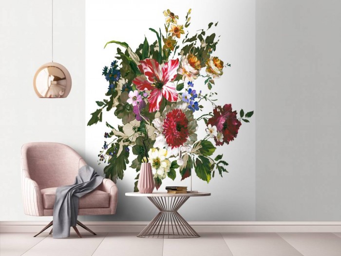 Das Design-Fotopanel Blumen-Bouquet weiß von Joop tapeziert in einem Büro. Bestelle die Bildtapete für Deine Wand online